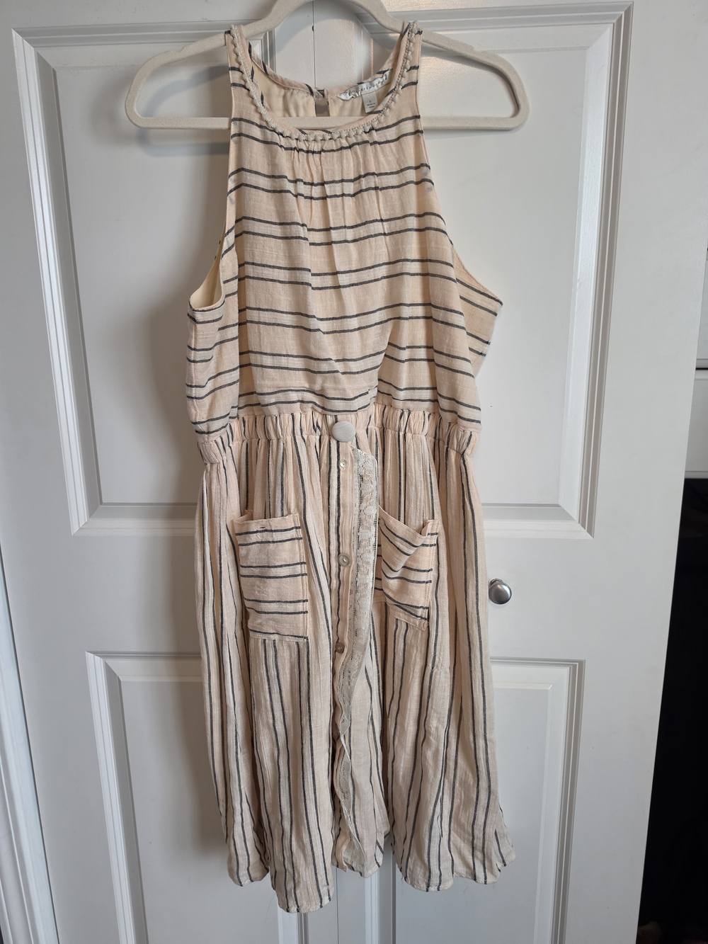 Pink cream and grey Striped Midi Dress, hand sewn embelishments like buttons